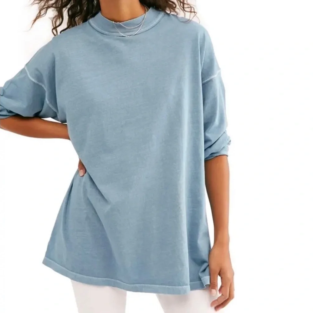 Free People *New* turquoise Bluish Green color Long Sleeve high collar Tee Shirt - Picture 2 of 11